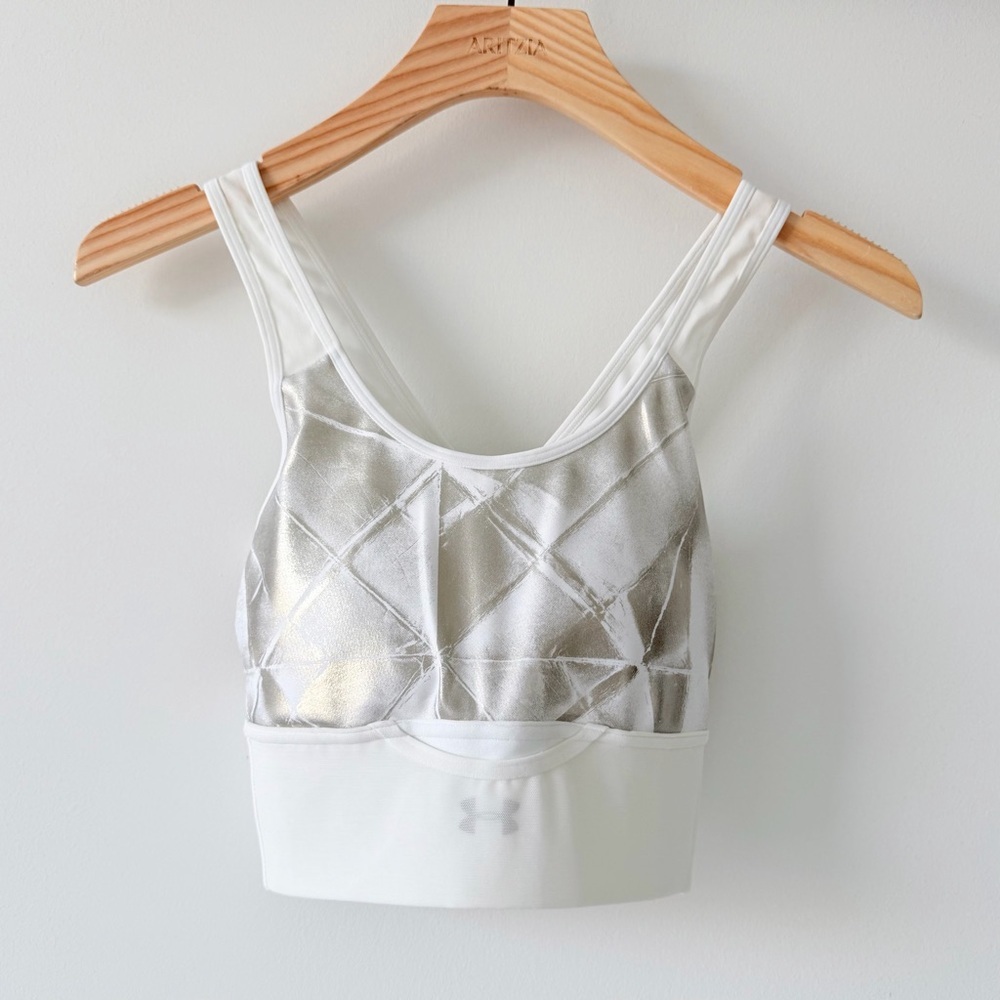 Under Armour White Silver Metallic Compression Sports Bra S/M - Picture 2 of 9